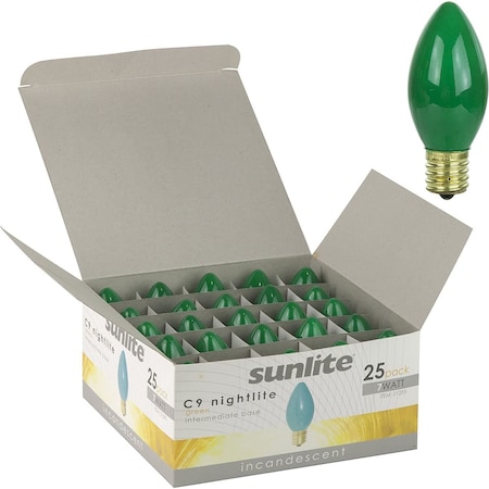 Sunlite Incandescent C9 Holiday 7W E17 Base Christmas-Lights Nightlight Title 20 Green Light Bulbs, 25PK 01295-SU